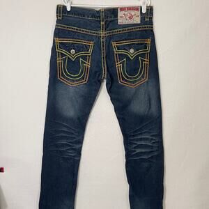 True Religion Vintage Y2K Mens Jeans 34x34 Yellow/Orange Stitching Flap Pocket
